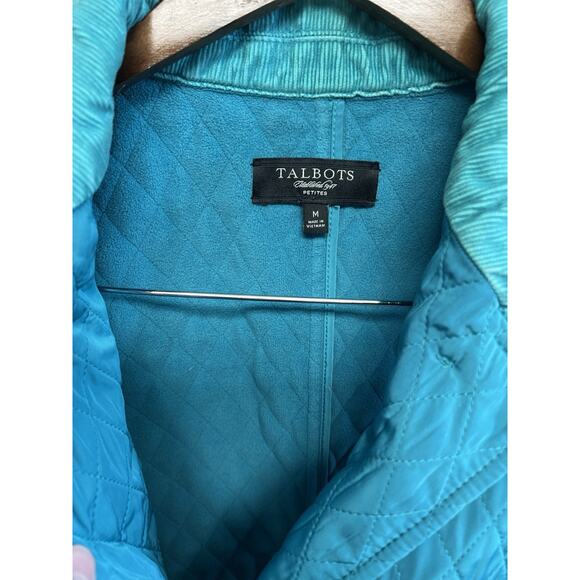 TALBOTS PM Equestrian Quilted Vest Teal Corduroy Collar Medium Fleece Lined Prep - Picture 9 of 13